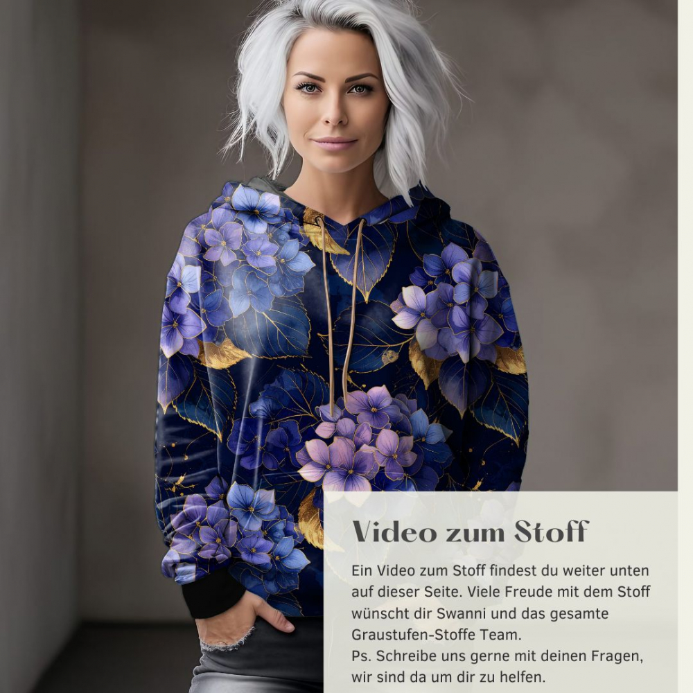 Stoff des Tages: Bio Viskosejersey mit Überbreite: Eigenproduktion Hortensienliebe von Graustufen-Stoffe
